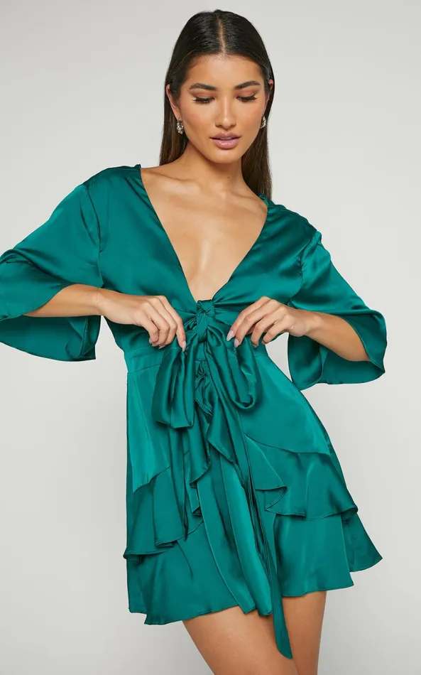 Showpo Carmella Mini Dress 8211 Plunge Neck Short Flutter Sleeve Dress In Emerald Women Dresses