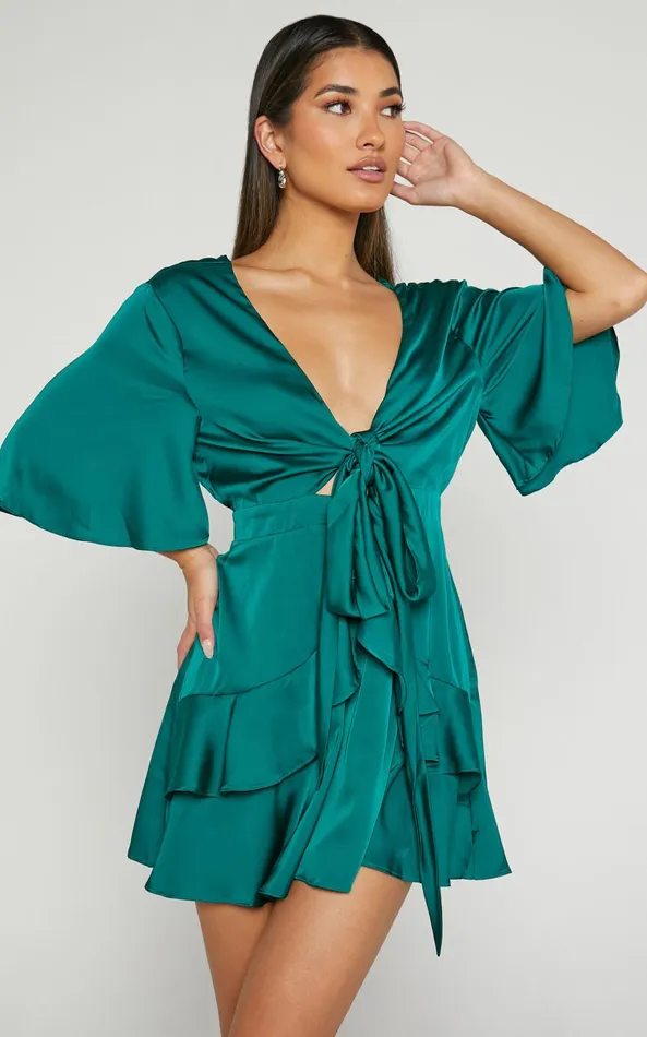 Showpo Carmella Mini Dress 8211 Plunge Neck Short Flutter Sleeve Dress In Emerald Women Dresses