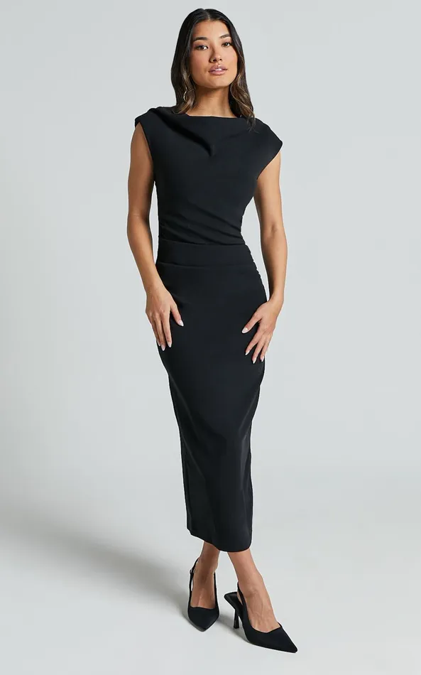 Showpo Carmilette Midi Dress 8211 Cowl Neck Ruched Jersey Dress In Black Women Dresses Showpo Carmilette Midi Dress 8211 Cowl Neck Ruched Jersey Dress In Black Women Dresses