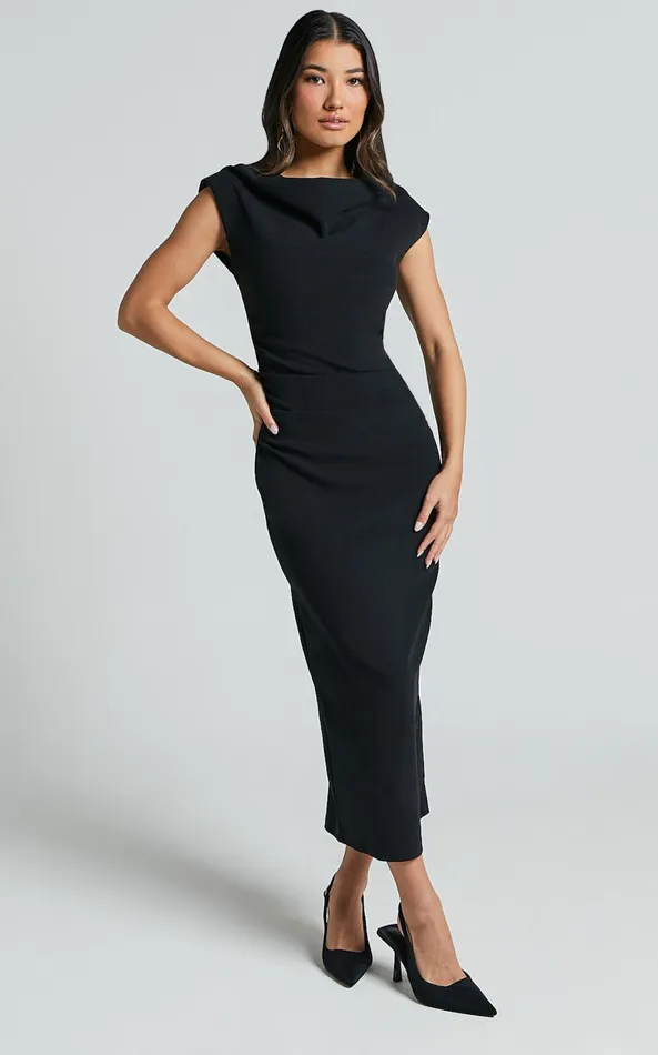 Showpo Carmilette Midi Dress 8211 Cowl Neck Ruched Jersey Dress In Black Women Dresses