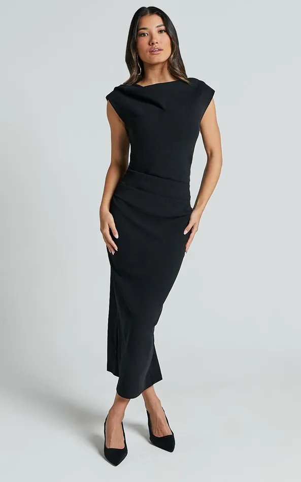 Showpo Carmilette Midi Dress 8211 Cowl Neck Ruched Jersey Dress In Black Women Dresses