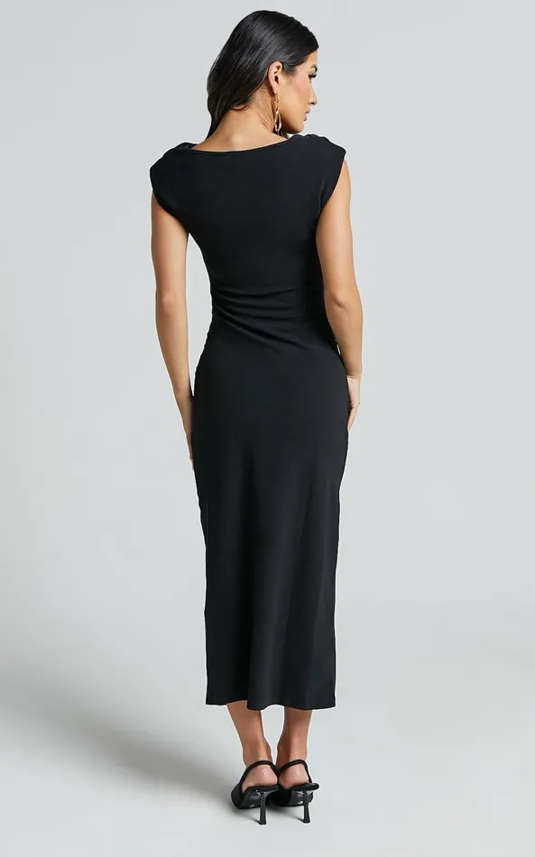 Showpo Carmilette Midi Dress 8211 Cowl Neck Ruched Jersey Dress In Black Women Dresses