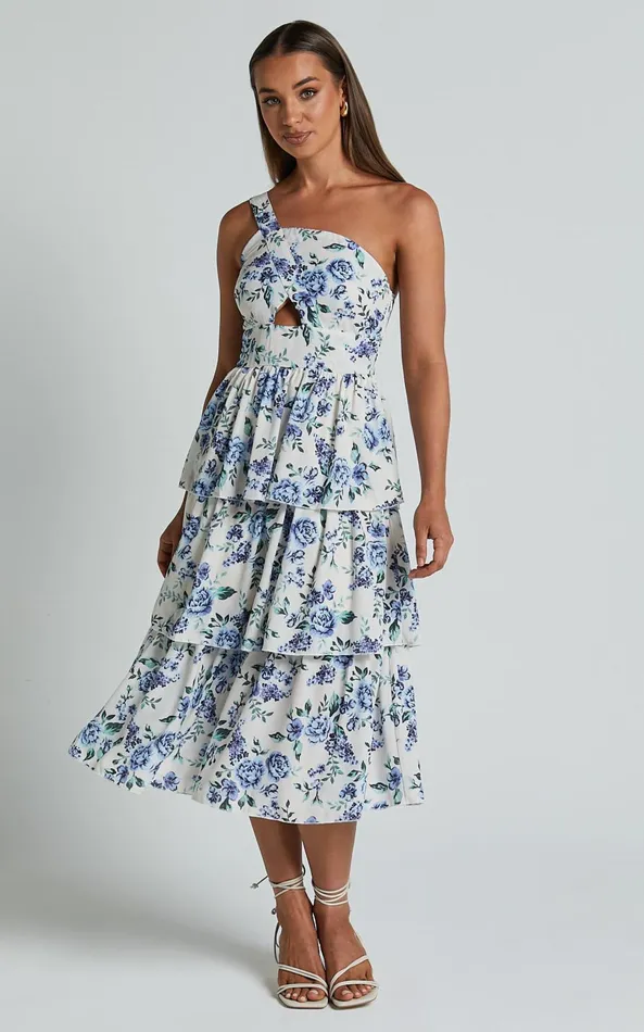 Showpo Caro Midi Dress 8211 One Shoulder Tiered Dress In Blue Floral Women Dresses Showpo Caro Midi Dress 8211 One Shoulder Tiered Dress In Blue Floral Women Dresses