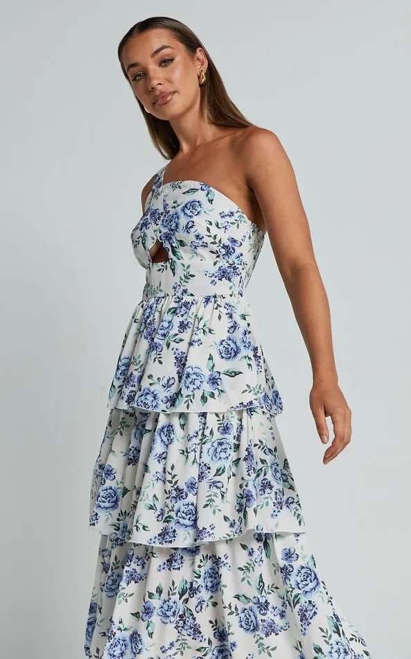 Showpo Caro Midi Dress 8211 One Shoulder Tiered Dress In Blue Floral Women Dresses