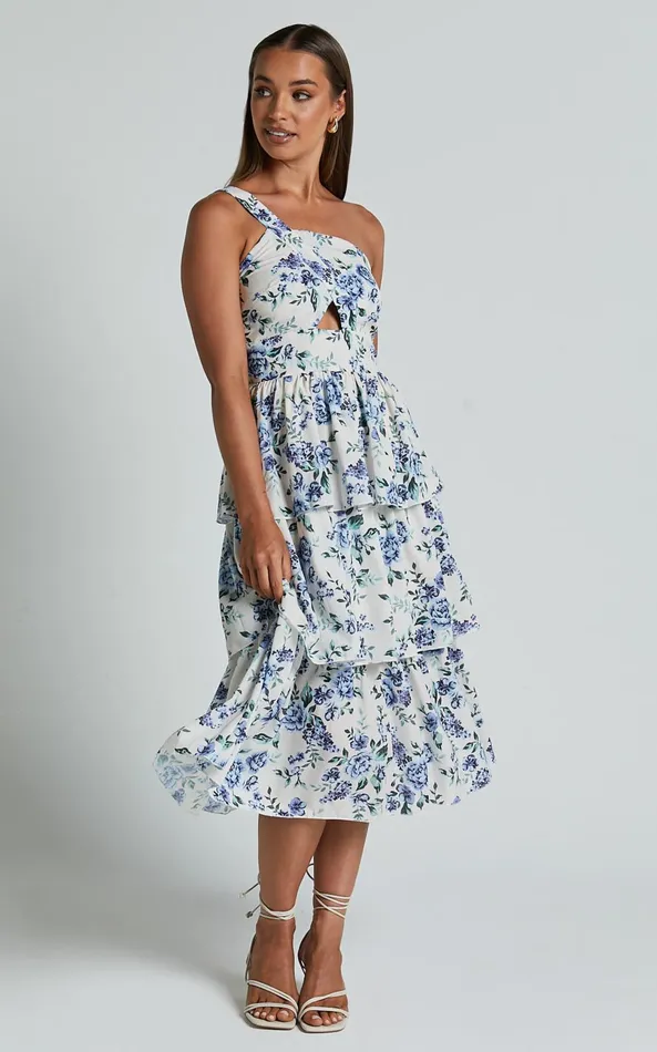 Showpo Caro Midi Dress 8211 One Shoulder Tiered Dress In Blue Floral Women Dresses