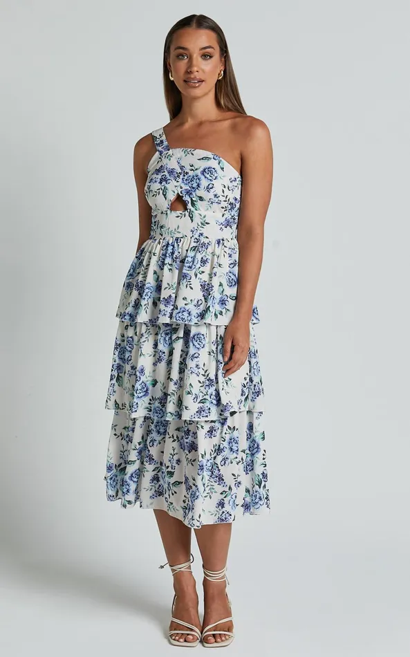 Showpo Caro Midi Dress 8211 One Shoulder Tiered Dress In Blue Floral Women Dresses