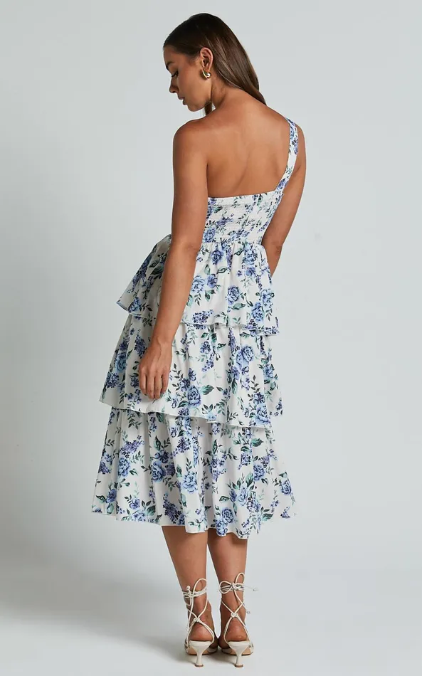 Showpo Caro Midi Dress 8211 One Shoulder Tiered Dress In Blue Floral Women Dresses