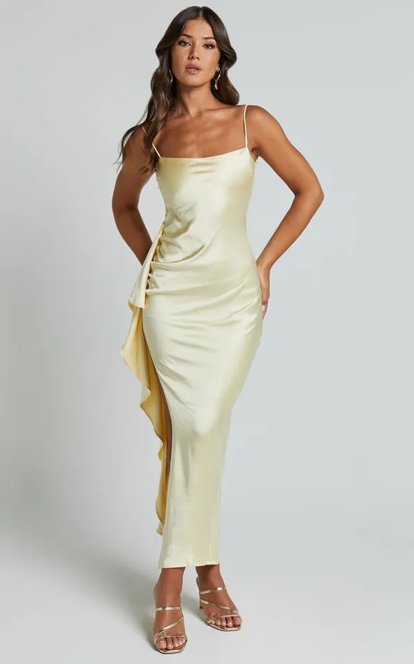 Showpo Carolina Maxi Dress 8211 Frill Detail Satin Square Neck Dress In Lemon Women Dresses Showpo Carolina Maxi Dress 8211 Frill Detail Satin Square Neck Dress In Lemon Women Dresses