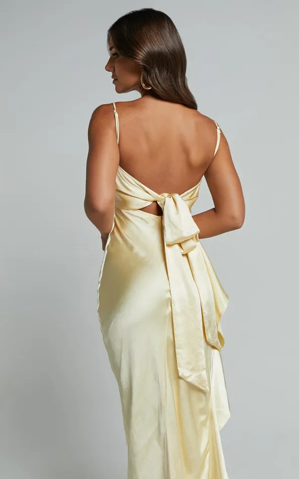 Showpo Carolina Maxi Dress 8211 Frill Detail Satin Square Neck Dress In Lemon Women Dresses