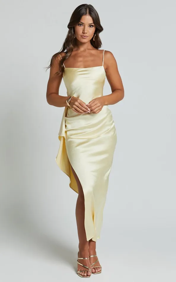 Showpo Carolina Maxi Dress 8211 Frill Detail Satin Square Neck Dress In Lemon Women Dresses