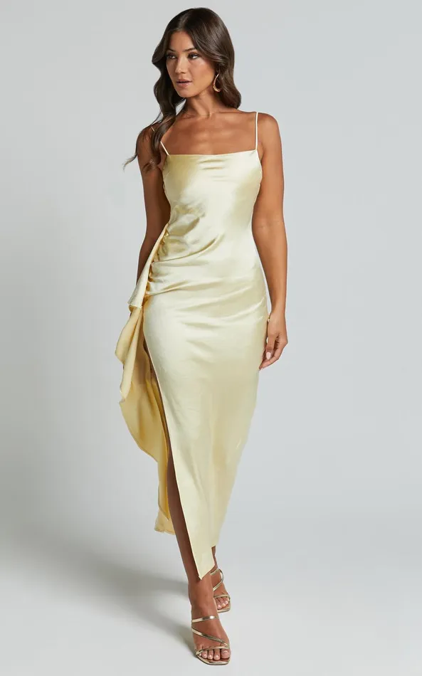 Showpo Carolina Maxi Dress 8211 Frill Detail Satin Square Neck Dress In Lemon Women Dresses