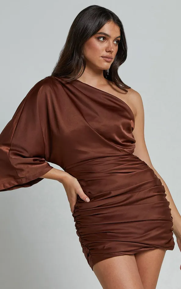 Showpo Carolleen Mini Dress 8211 One Shoulder Ruched Bodycon Satin Dress In Chocolate Women Dresses Showpo Carolleen Mini Dress 8211 One Shoulder Ruched Bodycon Satin Dress In Chocolate Women Dresses