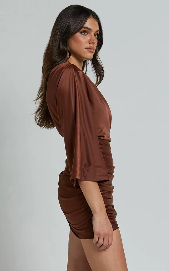 Showpo Carolleen Mini Dress 8211 One Shoulder Ruched Bodycon Satin Dress In Chocolate Women Dresses