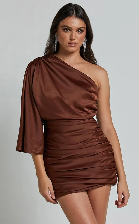 Showpo Carolleen Mini Dress 8211 One Shoulder Ruched Bodycon Satin Dress In Chocolate Women Dresses