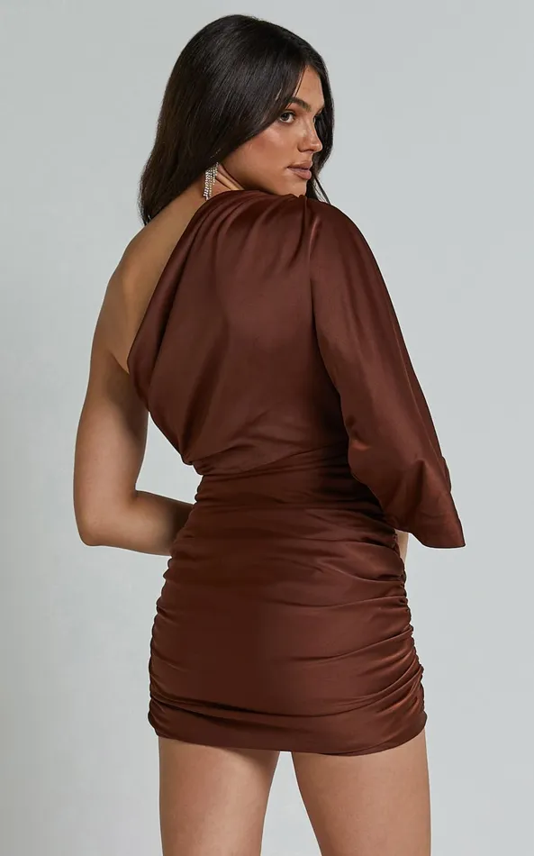 Showpo Carolleen Mini Dress 8211 One Shoulder Ruched Bodycon Satin Dress In Chocolate Women Dresses