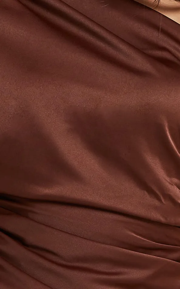 Showpo Carolleen Mini Dress 8211 One Shoulder Ruched Bodycon Satin Dress In Chocolate Women Dresses