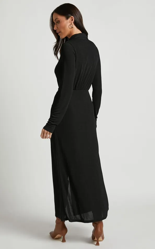 Showpo Carollyn Midi Dress 8211 Long Sleeve Front Twist Plunge Dress In Black Women Dresses