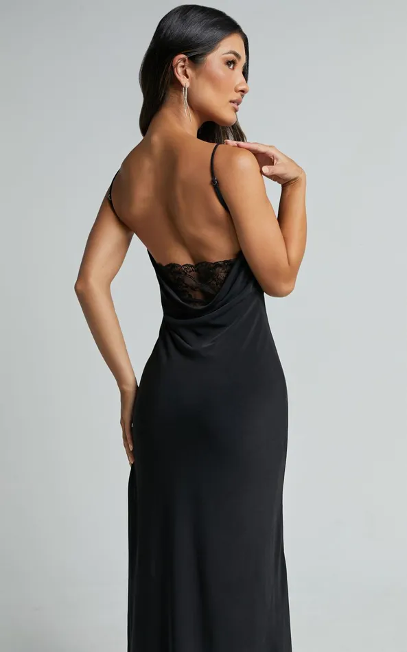 Showpo Carrie Maxi Dress 8211 Cowl Back Lace Insert Dress In Black Women Dresses