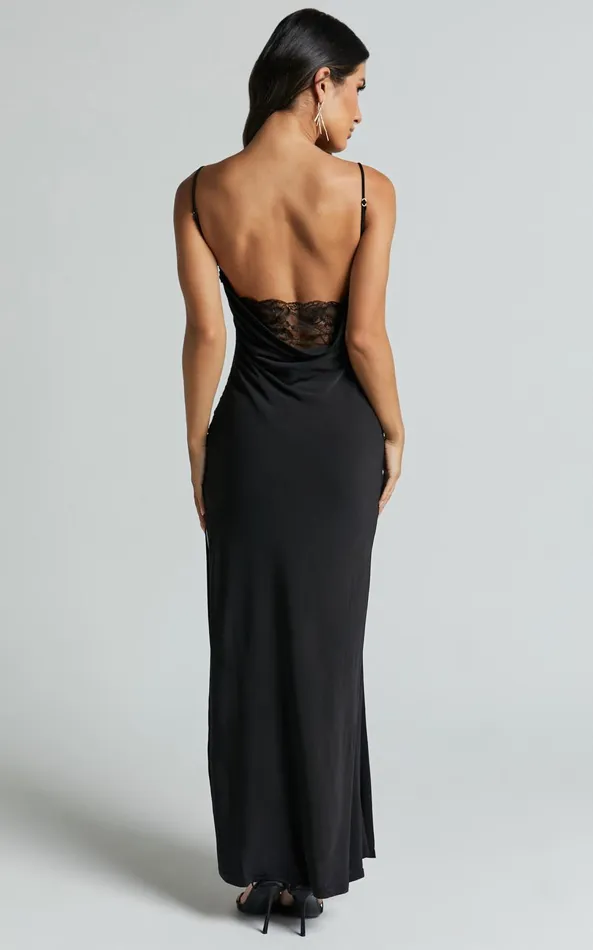 Showpo Carrie Maxi Dress 8211 Cowl Back Lace Insert Dress In Black Women Dresses