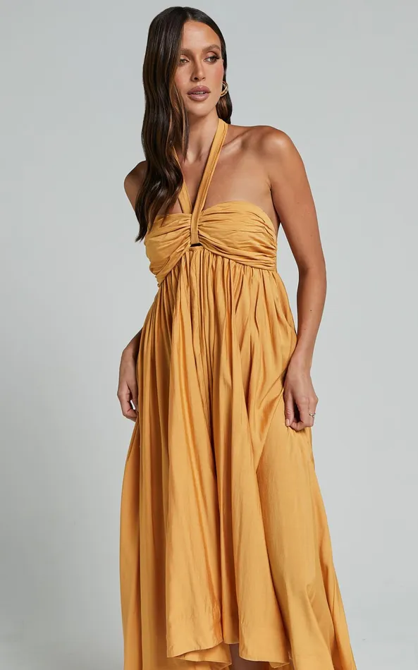 Showpo Carrol Midi Dress 8211 Halter Neck High Low Dress In Pollen Yellow Women Dresses