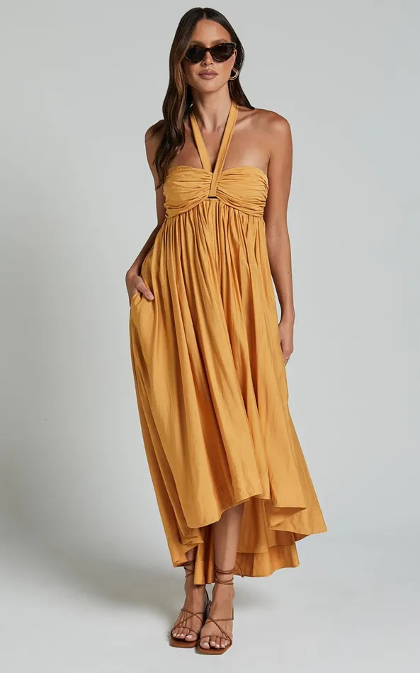 Showpo Carrol Midi Dress 8211 Halter Neck High Low Dress In Pollen Yellow Women Dresses