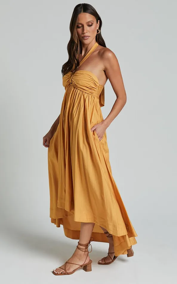 Showpo Carrol Midi Dress 8211 Halter Neck High Low Dress In Pollen Yellow Women Dresses