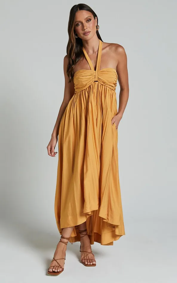 Showpo Carrol Midi Dress 8211 Halter Neck High Low Dress In Pollen Yellow Women Dresses