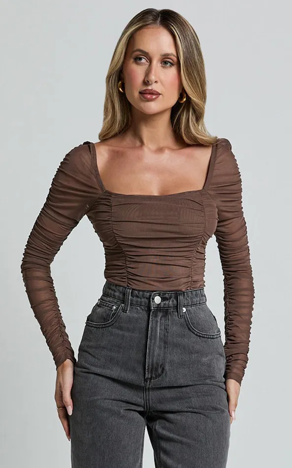 Showpo Casen Bodysuit 8211 Long Sleeve Ruched Mesh Bodysuit In Chocolate Women Tops Showpo Casen Bodysuit 8211 Long Sleeve Ruched Mesh Bodysuit In Chocolate Women Tops
