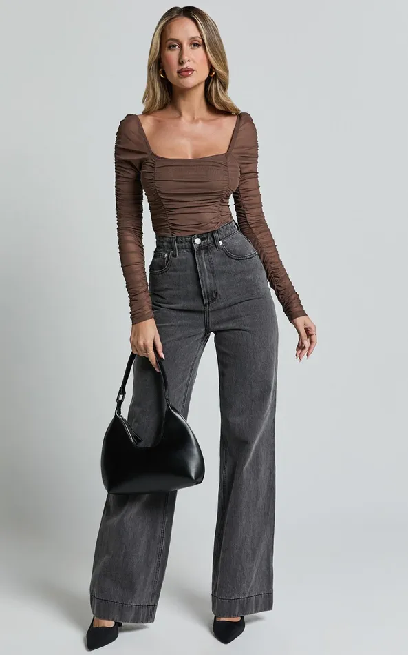 Showpo Casen Bodysuit 8211 Long Sleeve Ruched Mesh Bodysuit In Chocolate Women Tops
