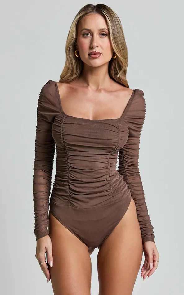 Showpo Casen Bodysuit 8211 Long Sleeve Ruched Mesh Bodysuit In Chocolate Women Tops