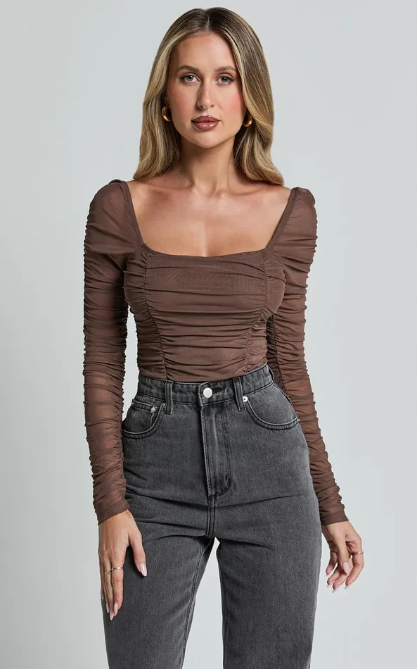 Showpo Casen Bodysuit 8211 Long Sleeve Ruched Mesh Bodysuit In Chocolate Women Tops