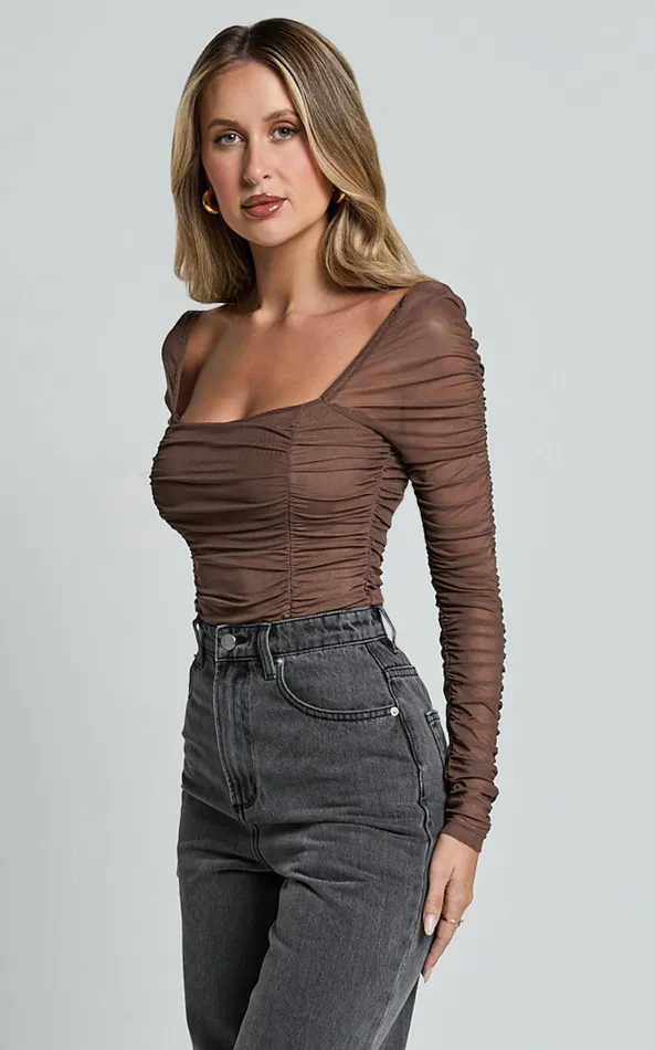 Showpo Casen Bodysuit 8211 Long Sleeve Ruched Mesh Bodysuit In Chocolate Women Tops