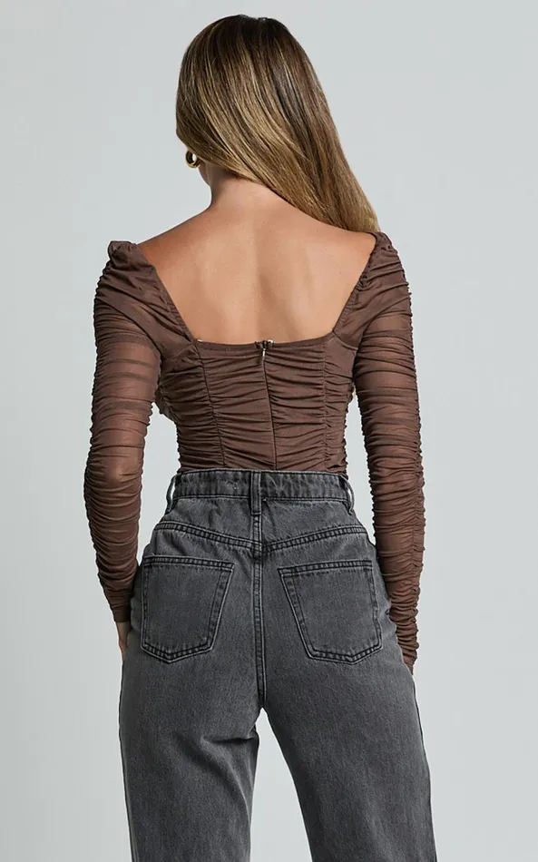 Showpo Casen Bodysuit 8211 Long Sleeve Ruched Mesh Bodysuit In Chocolate Women Tops