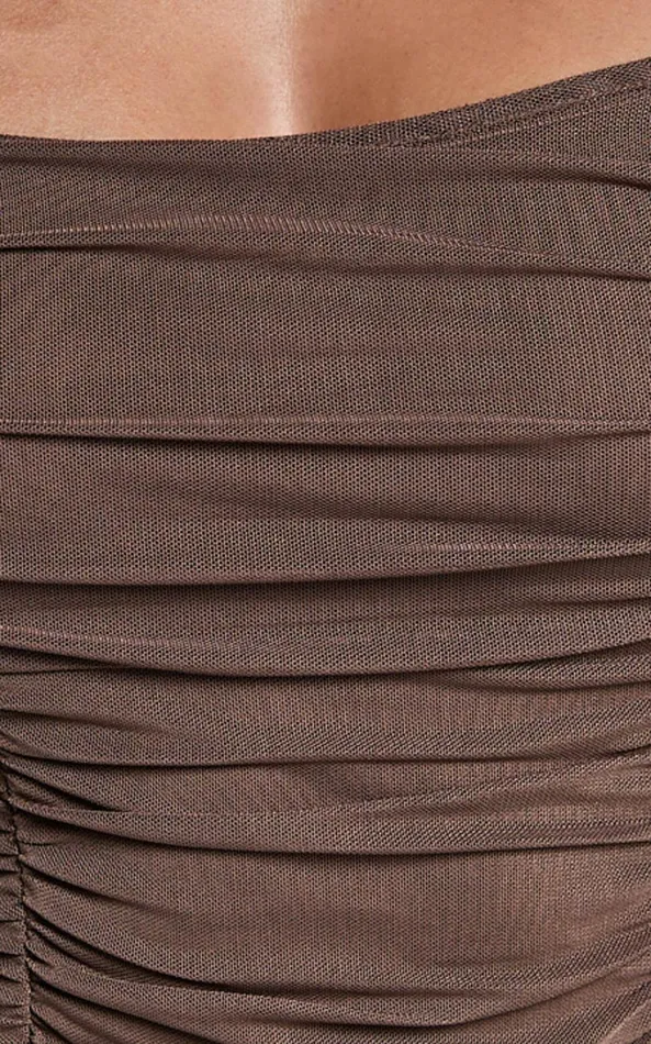 Showpo Casen Bodysuit 8211 Long Sleeve Ruched Mesh Bodysuit In Chocolate Women Tops