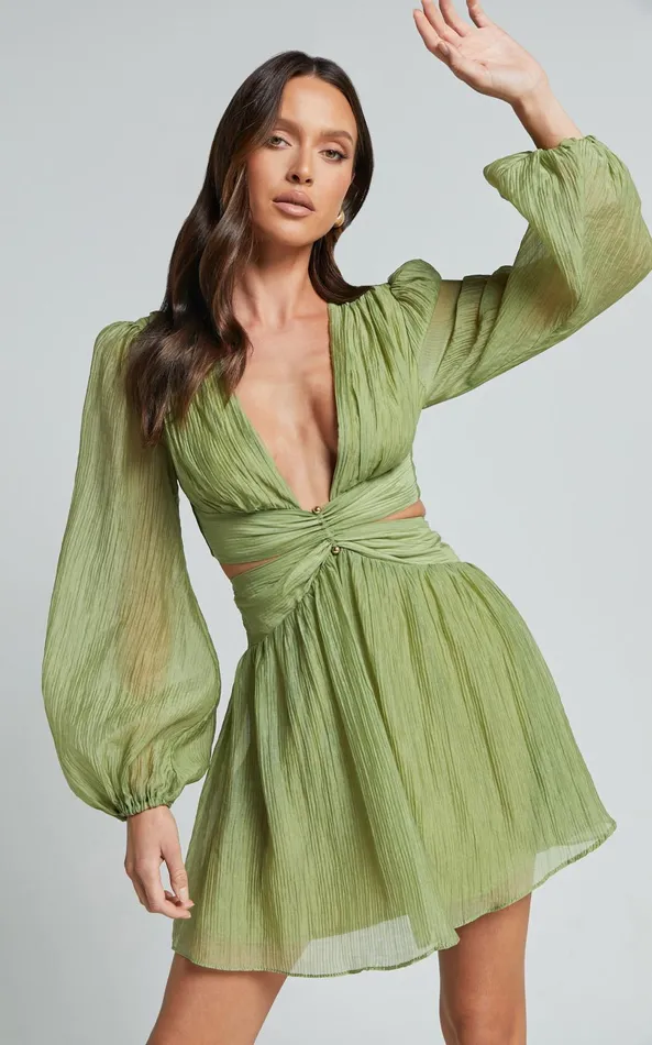 Showpo Casey Mini Dress 8211 Plunge Neck Puff Long Sleeve Dress In Sage Women Dresses Showpo Casey Mini Dress 8211 Plunge Neck Puff Long Sleeve Dress In Sage Women Dresses