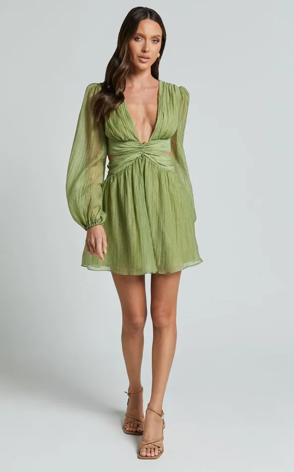 Showpo Casey Mini Dress 8211 Plunge Neck Puff Long Sleeve Dress In Sage Women Dresses