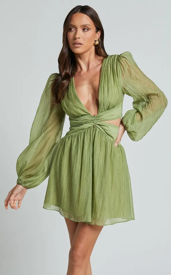 Showpo Casey Mini Dress 8211 Plunge Neck Puff Long Sleeve Dress In Sage Women Dresses