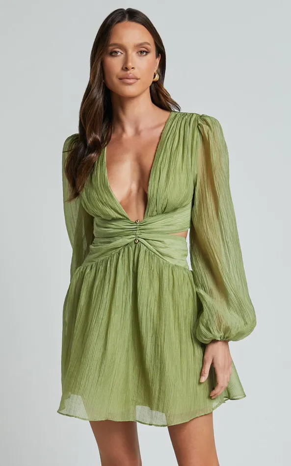 Showpo Casey Mini Dress 8211 Plunge Neck Puff Long Sleeve Dress In Sage Women Dresses