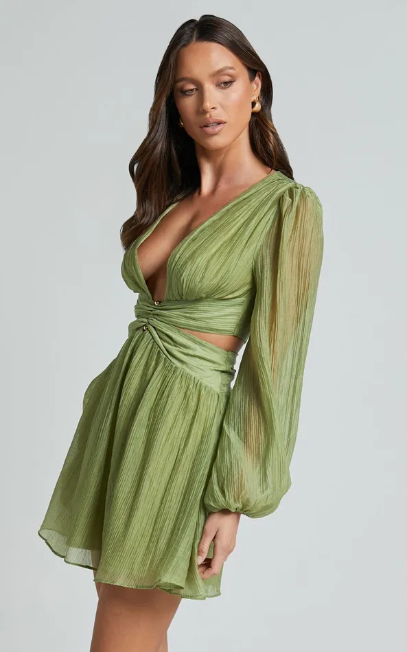 Showpo Casey Mini Dress 8211 Plunge Neck Puff Long Sleeve Dress In Sage Women Dresses