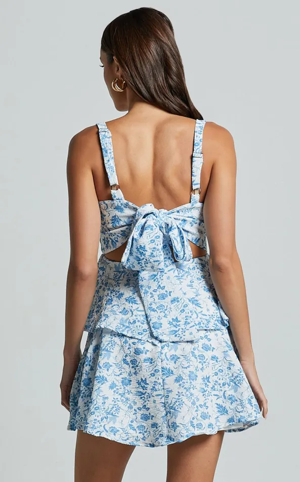 Showpo Cassia Mini Dress 8211 Ruched Bust Sleeveless Layered Dress In Blue And White Print Women Dresses