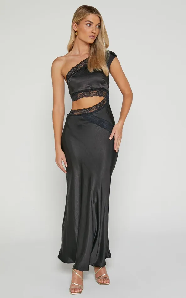 Showpo Cassidi Midi Dress 8211 Lace Detail Cut Out One Shoulder Dress In Black Women Dresses