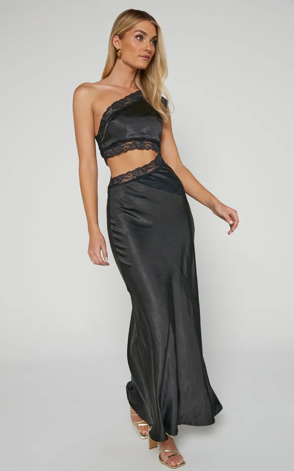 Showpo Cassidi Midi Dress 8211 Lace Detail Cut Out One Shoulder Dress In Black Women Dresses