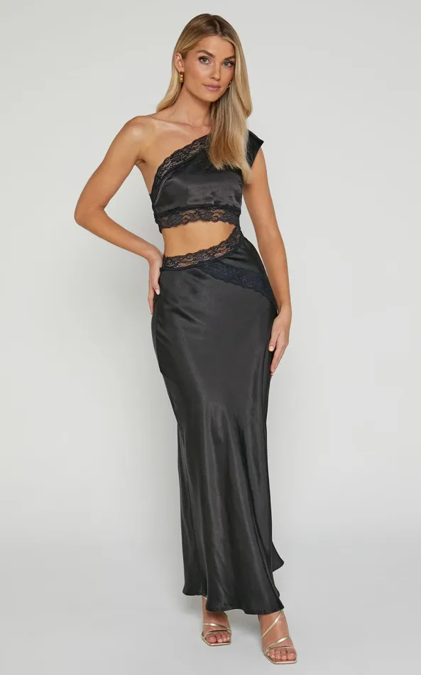 Showpo Cassidi Midi Dress 8211 Lace Detail Cut Out One Shoulder Dress In Black Women Dresses
