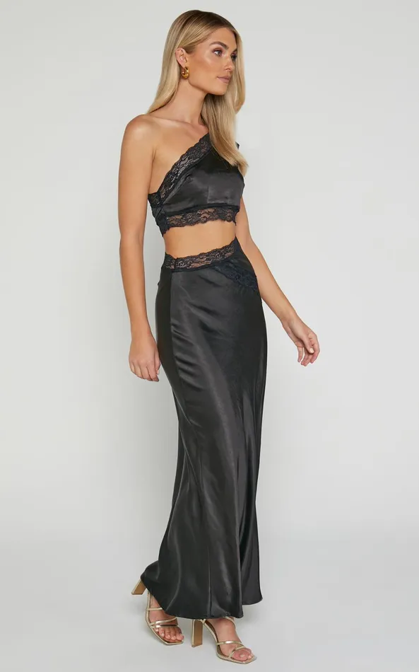 Showpo Cassidi Midi Dress 8211 Lace Detail Cut Out One Shoulder Dress In Black Women Dresses