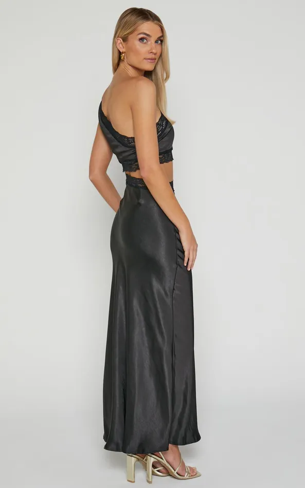 Showpo Cassidi Midi Dress 8211 Lace Detail Cut Out One Shoulder Dress In Black Women Dresses