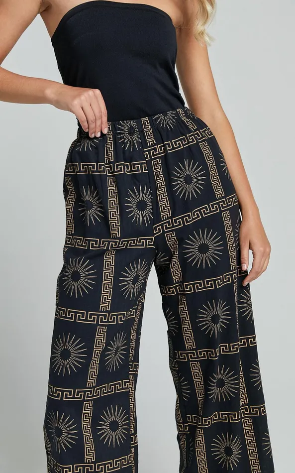 Showpo Cassidy Pant 8211 Elasticated Linen Look Pants In Black Sun Print Women Pants