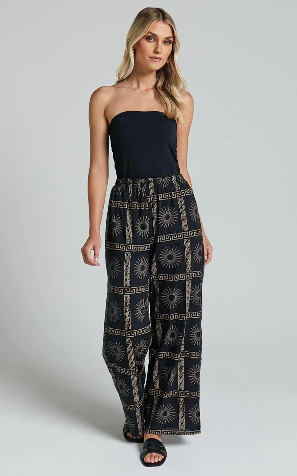 Showpo Cassidy Pant 8211 Elasticated Linen Look Pants In Black Sun Print Women Pants