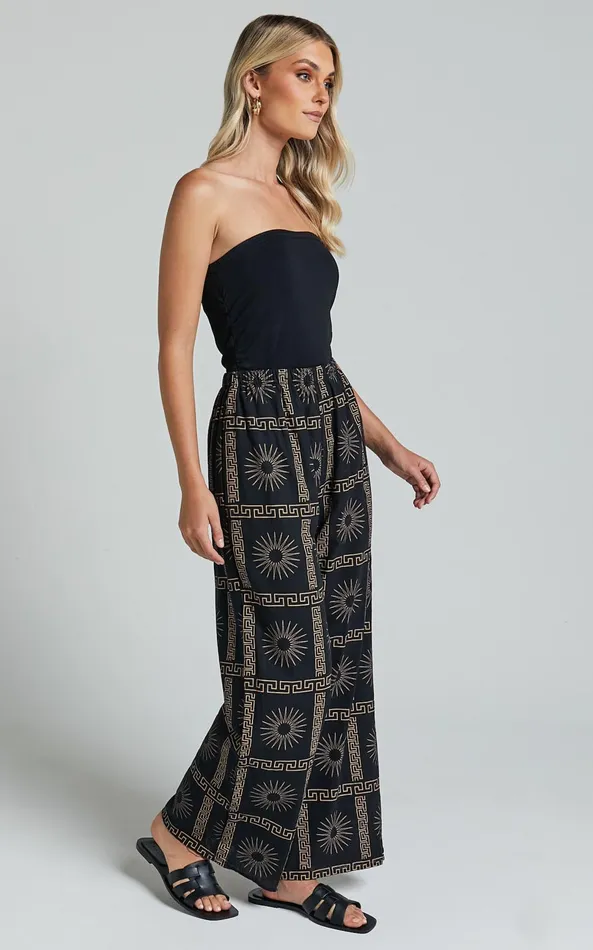 Showpo Cassidy Pant 8211 Elasticated Linen Look Pants In Black Sun Print Women Pants