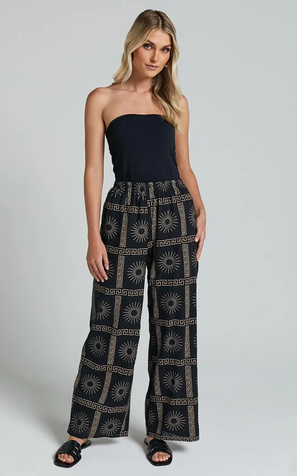 Showpo Cassidy Pant 8211 Elasticated Linen Look Pants In Black Sun Print Women Pants