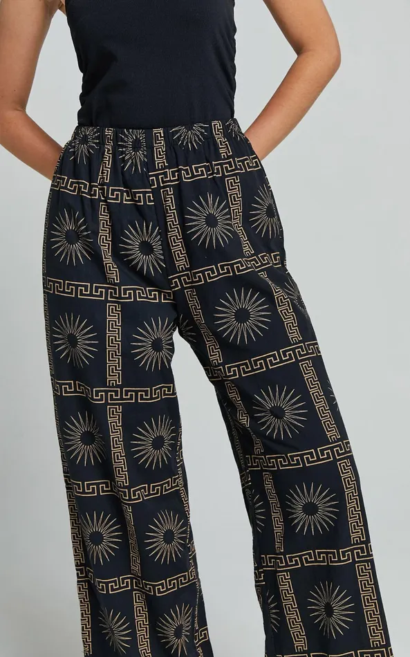 Showpo Cassidy Pant 8211 Elasticated Linen Look Pants In Black Sun Print Women Pants